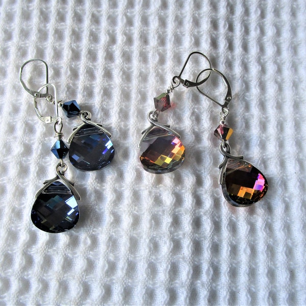 Reserved Custom Listing for W. Gail, Two Pair Longer Swarovski Crystal Earrings on Sterling Silver Lever-backs, Mali n Orange Volcano Colors