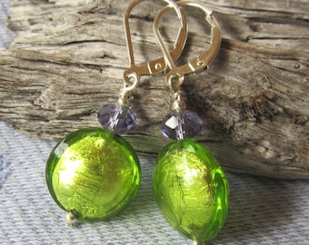 Murano Lime Green with Swarovski Tanzanite Sterling Earrings, Venetian Disc Beads, Summery, Peridot w Lavender Bead Earrings, Shiny Green