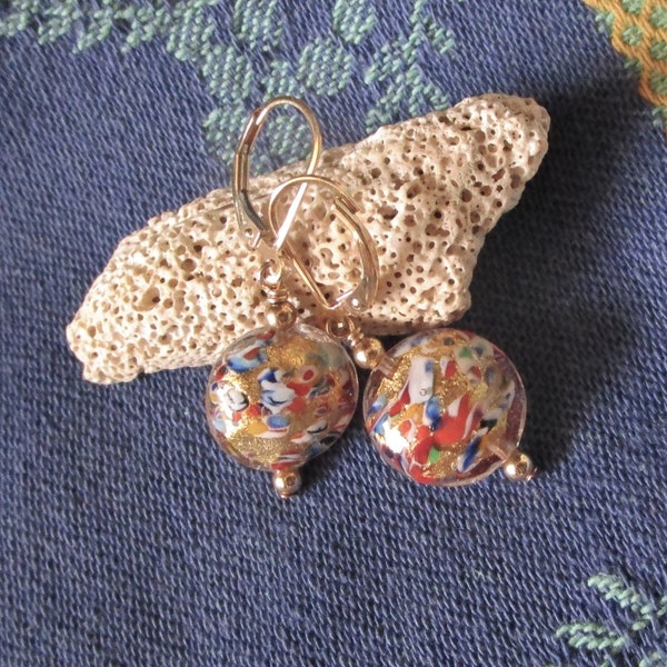 Klimt Many Colors Murano Disc Earrings on Sterling Silver OR Gold Filled Lever Backs, Everyday Perfect Sized Earrings, Venetian Glass Beads