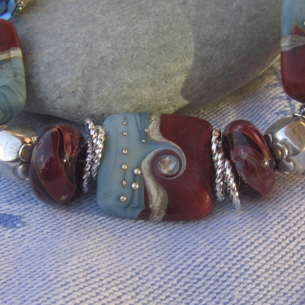 Ultimate Jeans Chunky Artisan Bead Bracelet, Substantial Lamp Work Jewelry with Sterling Silver, Denim Blue n Burgundy Statement Bracelet