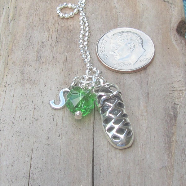 Irish Step Dancing Necklace, Swarovski Green Shamrock Crystal, Sterling Step Shoe w Personalized Sterling Initial n Sterling Chain, Gift