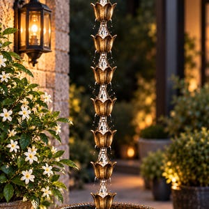 Puede incluir: Una cadena de lluvia de metal en tono bronce con una serie de copas interconectadas en forma de tulipán. El agua fluye por el centro de cada copa, creando un chorro vertical que cae en un cuenco circular texturizado en la base.