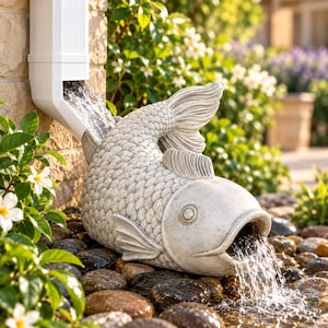 May include: A light gray stone-look downspout extension shaped like a fish. Water flows from a white rectangular downspout into the top of the fish sculpture and exits through its open mouth into a bed of smooth dark river stones.