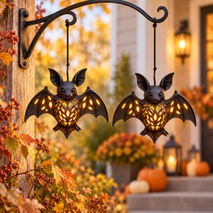 May include: Two black bat-shaped hanging lanterns suspended from a curved metal wall bracket. Each bat features a cut-out wing design that emits a warm, glowing yellow light from within, creating a decorative illumination effect for outdoor spaces.