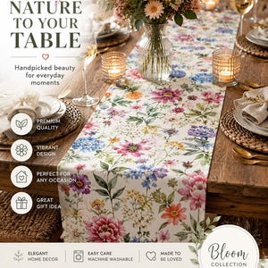 May include: A floral table runner with a variety of colorful flowers, including pink, purple, and orange blooms, is displayed on a wooden table. The text "Bring Nature to Your Table" is at the top. The Bloom Collection logo is visible.