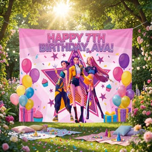 May include: A pink birthday banner with the text "HAPPY 7TH BIRTHDAY, AVA!" features three animated figures, stars, and balloons. The scene includes a picnic blanket, gifts, cupcakes, and party hats, set in a garden with flowers.