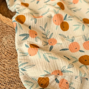Peaches Double Gauze Fabric | Cotton Muslin by the Metre | Fruit Print Dressmaking Fabric | Esorai UK