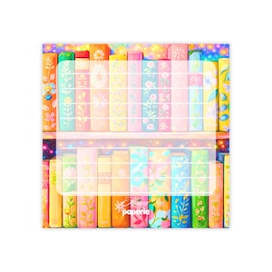 May include: A colorful illustration of a bookshelf filled with books. The books have floral and leaf designs in shades of pink, yellow, blue, and green. The text "paperie" is visible on the bottom shelf.