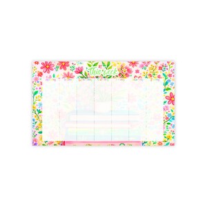 Puede incluir: Un planificador semanal floral con fondo blanco y flores coloridas. El planificador tiene una sección para cada día de la semana, con las palabras "This Week" en la parte superior. También se ven un lápiz y una pila de libros.
