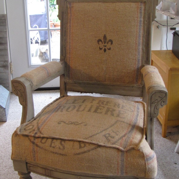 Antique Eastlake Victorian Chair covered with Antique French Grain Sack