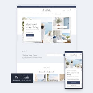 May include: A website layout for Remi Salt featuring a clean design with a white background and dark blue accents. The page displays the text Slow travel and soft living, navigation menus, and images of a person in a white dress by the sea.