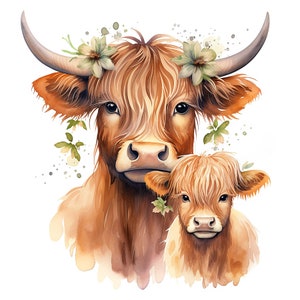 Cute Scottish Highland Cow and Calf Digital Watercolor Printable