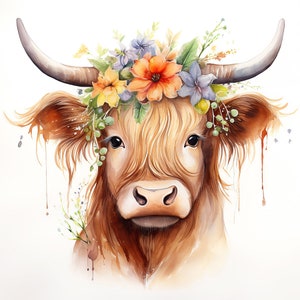 Cute Scottish Highland Cow Digital Watercolor Printable
