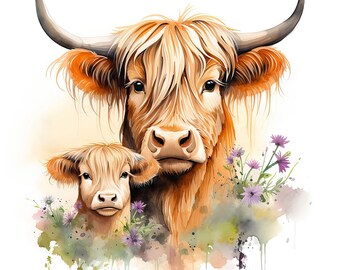Cute Scottish Highland Cow and Calf Digital Watercolor Printable