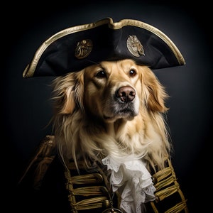 Pet Portraits - Golden Retriever #2 dressed like a Pirate Ship Captain