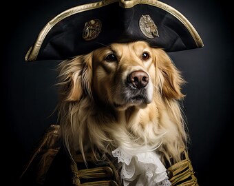 Pet Portraits - Golden Retriever #2 dressed like a Pirate Ship Captain