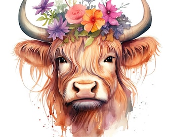 Cute Scottish Highland Cow Digital Watercolor Printable