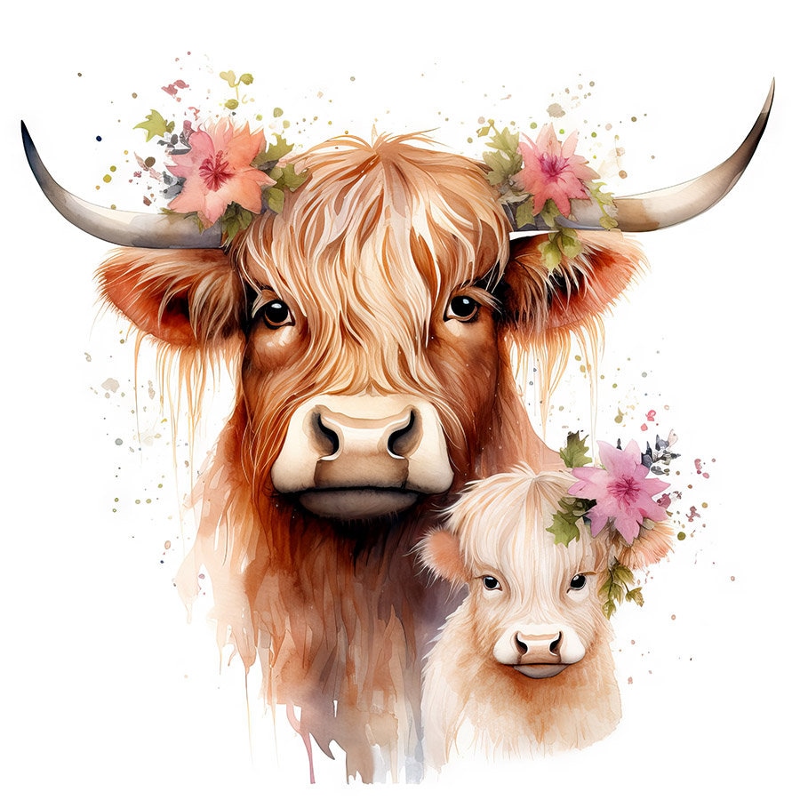 Cute Scottish Highland Cow and Calf Digital Watercolor Printable - Etsy