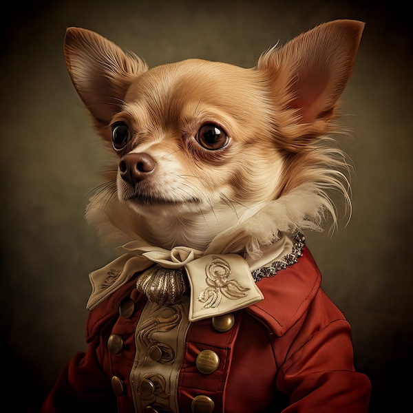 Male Gold Chihuahua dressed in fancy coat.
