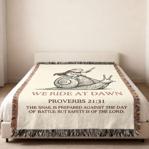 We Ride at Dawn Proverbs 21:31 Adapted Christian Blanket, Whimsical Frog Knight Riding Snail Scripture Throw, Inspirational Faith Decor Gift