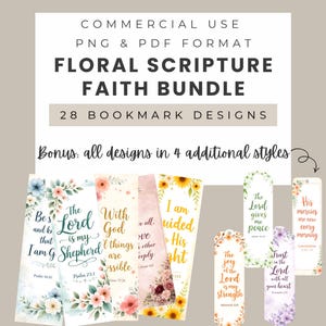 Peut inclure: Un ensemble de signets de foi avec des écritures florales. Les signets présentent des motifs floraux et des citations inspirantes. Le texte sur les signets comprend des phrases telles que « Le Seigneur est mon berger » et « Faites confiance au Seigneur ». L'image comprend également le texte « Floral Scripture Faith Bundle ».