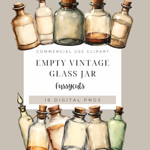 Puede incluir: Ilustración en acuarela de ocho tarros de vidrio vintage vacíos con tapones de corcho. Los tarros son de varias formas y tamaños, algunos con etiquetas. El texto de la imagen dice "EMPTY VINTAGE GLASS JAR fussycuts 16 DIGITAL PNGS".