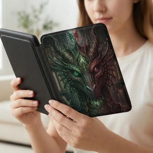 Dual Dragon Kindle Case, Fantasy E-Reader Cover, Dark Academia Bookish Kindle Accessories, Dragon Lover Gift, Gothic Reader Art