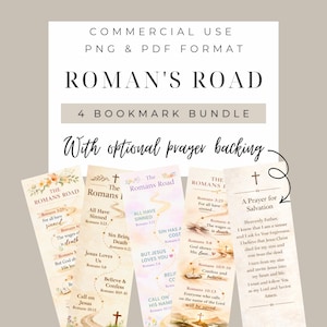 Puede incluir: Un conjunto de cuatro marcadores con el texto "Roman's Road" y versículos bíblicos. Los marcadores tienen un diseño floral y una oración por la salvación. La imagen también incluye el texto "Commercial Use PNG & PDF Format."