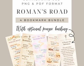 May include: A bundle of four bookmarks with the text "Roman's Road" and Bible verses. The bookmarks have a floral design and a prayer for salvation. The image also includes the text "Commercial Use PNG & PDF Format."