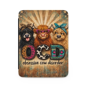 Funny Highland Cow Kindle Case, Obsessive Cow Disorder Decal, Boho Farmhouse Cow Lover Gift, Rustic Kindlemate Accessories for Readers