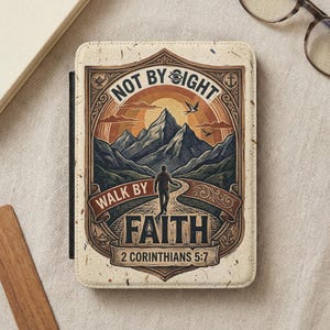 May include: A beige wallet with a detailed graphic featuring a mountain landscape, a person walking on a path, and the text "NOT BY SIGHT WALK BY FAITH 2 CORINTHIANS 5:7". The design includes a sunset, birds, and decorative borders.