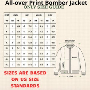 May include: A size guide chart for an all-over print bomber jacket, featuring a table with US sizes from S to 5XL and corresponding measurements in inches and centimeters for length, bust, shoulder, and sleeve, alongside a diagram of a jacket.