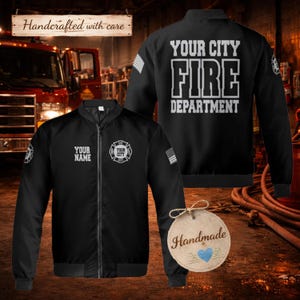 Personalized Firefighter Bomber Jacket – Custom Fire Department Jacket, Windproof Unisex Jacket, Fireman Gift, All-Over Print Coat