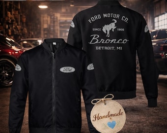 Personalized Ford Motor Co Bronco  Lightweight Bomber Jacket–Vintage Car Style Streetwear–Gift Ideas for Him–Unisex Racing Inspired Outfi