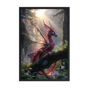 Inramad poster med röd rubindrake, fantasyväggkonst, heminredning med mytisk varelse