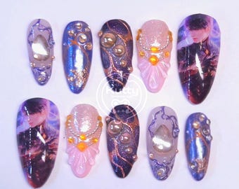 Caleb Love and Deepspace Galaxy Press On Nails – 3D Gem Handmade Nail Set