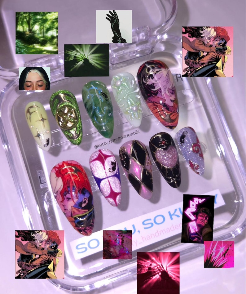 May include: A collection of custom-designed, long, oval-shaped artificial nails. The nails feature various designs, including comic book art, glitter, and abstract patterns in colors like red, pink, black, and green. Some nails have a glossy finish, while others have a matte appearance.