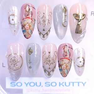 Fantasy Atelier Nail Set | Celestial Gold & white sparkle Handmade Nails | Fantasy Manga Inspired Set