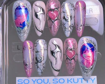 Alien Stage Press-On Nails | Pink Chrome Heart Anime Style Kpop Nails