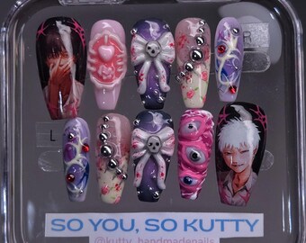 Gothic Pink Anime Press-On Nails | Horror Inspired Hand-Painted Nail Set