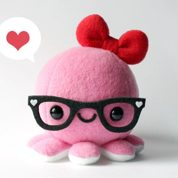 Pink Valentine Octopus Plush w/ Red Bow and Heart Glasses