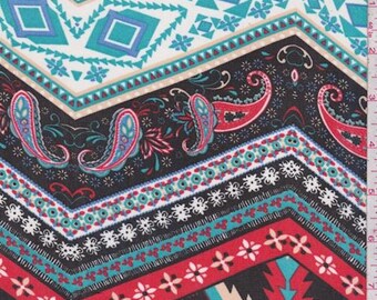 May include: A colorful fabric with a geometric pattern. The design features a chevron pattern with diamonds, paisley, and floral elements in teal, red, black, and white. The fabric is measured in inches.