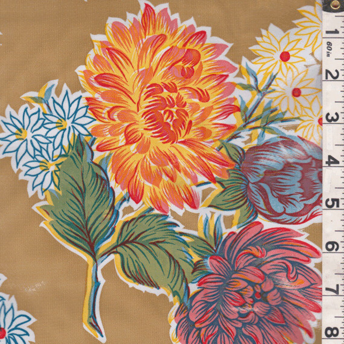 Tan Floral Oilcloth Fabric by the Yard Etsy