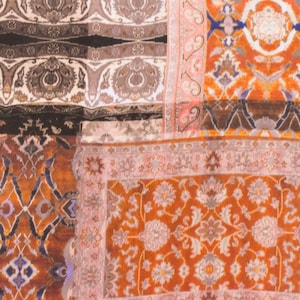 May include: A close-up of a textile with a patchwork design. The design features various patterns in shades of orange, brown, beige, and blue. Floral and geometric motifs are visible, creating a rich, textured appearance. The overall aesthetic suggests a vintage or bohemian style.