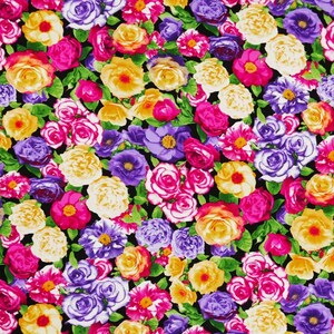 May include: A vibrant floral pattern featuring a dense arrangement of roses and other flowers in shades of yellow, pink, purple, and orange against a black background. Green leaves are interspersed throughout the design, creating a colorful and lively textile.