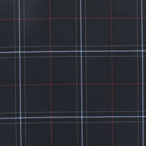 May include: Close-up of a dark navy blue plaid fabric. The pattern features a grid of white, light blue, and red lines. The fabric has a subtle texture, suggesting a woven material, suitable for apparel or home decor.
