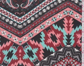 May include: A fabric with a geometric pattern in shades of black, red, pink, and teal. The design includes paisley shapes, zigzags, and floral elements. The fabric is measured in inches along the right edge.