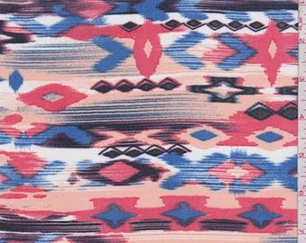 May include: A fabric with a colorful, abstract pattern. The design features a mix of shapes and lines in shades of blue, coral, peach, black, and white. The pattern has a tribal or Southwestern aesthetic.