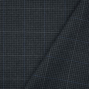 May include: Close-up of a dark gray fabric with a subtle houndstooth pattern and a light blue grid overlay. The fabric has a slight sheen and a soft texture, suitable for apparel or upholstery.