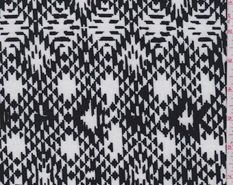 May include: Black and white patterned fabric with a geometric design. The pattern features a repeating arrangement of diamond and rectangular shapes, creating a textured appearance. The fabric is suitable for various sewing projects.